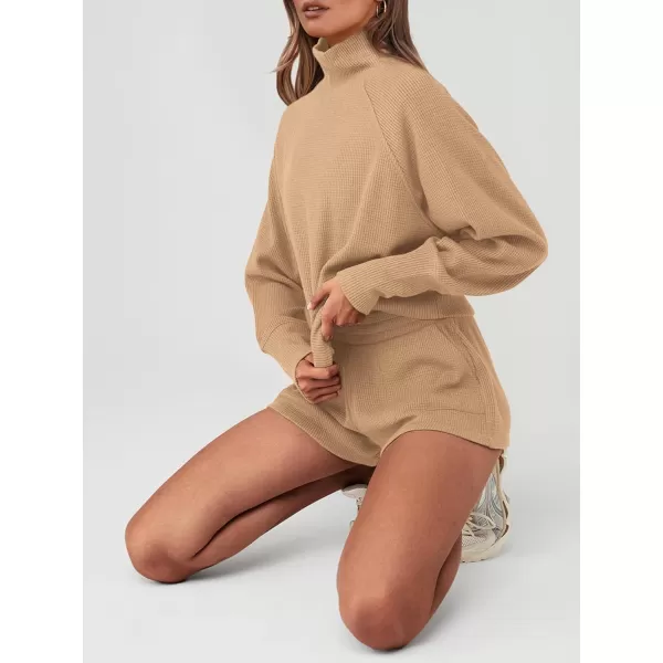 imagePRETTYGARDEN Womens 2023 Ribbed Knit Lounge Set 2 Piece Outfits Long Sleeve Tops and Shorts Fall Loungewear Sets with PocketsLight Khaki
