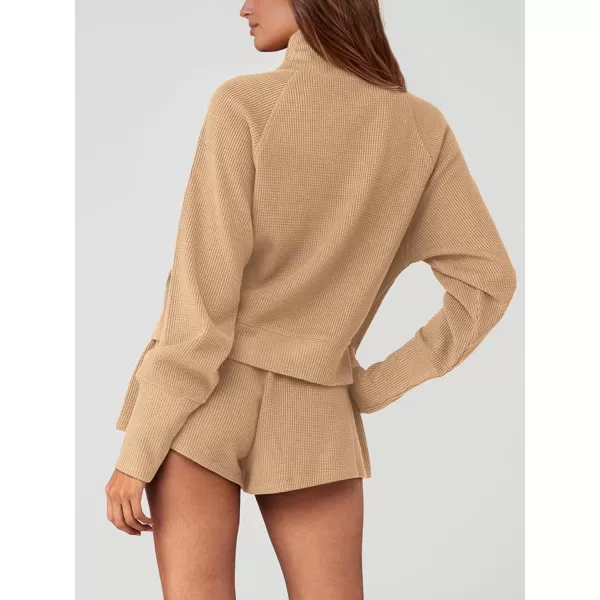 imagePRETTYGARDEN Womens 2023 Ribbed Knit Lounge Set 2 Piece Outfits Long Sleeve Tops and Shorts Fall Loungewear Sets with PocketsLight Khaki