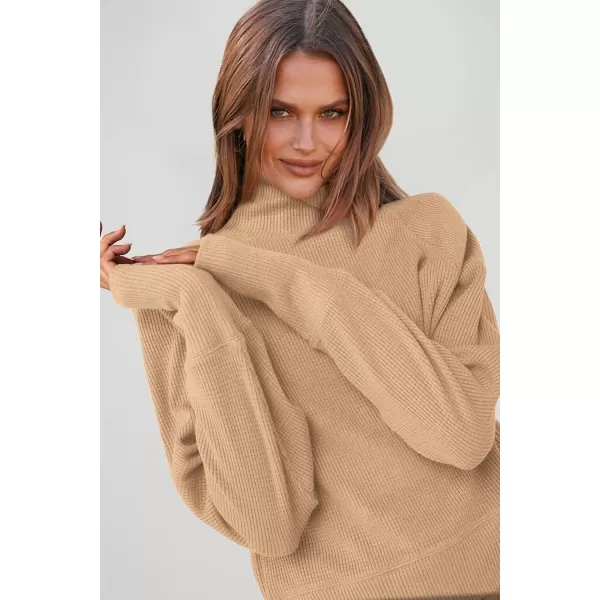 imagePRETTYGARDEN Womens 2023 Ribbed Knit Lounge Set 2 Piece Outfits Long Sleeve Tops and Shorts Fall Loungewear Sets with PocketsLight Khaki