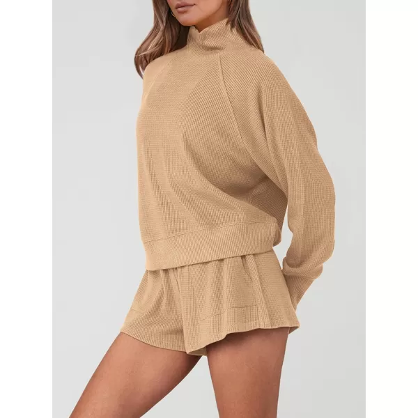 imagePRETTYGARDEN Womens 2023 Ribbed Knit Lounge Set 2 Piece Outfits Long Sleeve Tops and Shorts Fall Loungewear Sets with PocketsLight Khaki