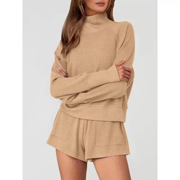 imagePRETTYGARDEN Womens 2023 Ribbed Knit Lounge Set 2 Piece Outfits Long Sleeve Tops and Shorts Fall Loungewear Sets with PocketsLight Khaki