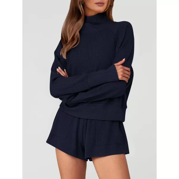 imagePRETTYGARDEN Womens 2023 Ribbed Knit Lounge Set 2 Piece Outfits Long Sleeve Tops and Shorts Fall Loungewear Sets with PocketsNavy
