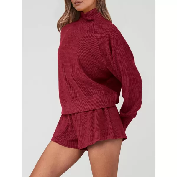 imagePRETTYGARDEN Womens 2023 Ribbed Knit Lounge Set 2 Piece Outfits Long Sleeve Tops and Shorts Fall Loungewear Sets with PocketsWine Red