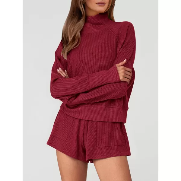 imagePRETTYGARDEN Womens 2023 Ribbed Knit Lounge Set 2 Piece Outfits Long Sleeve Tops and Shorts Fall Loungewear Sets with PocketsWine Red