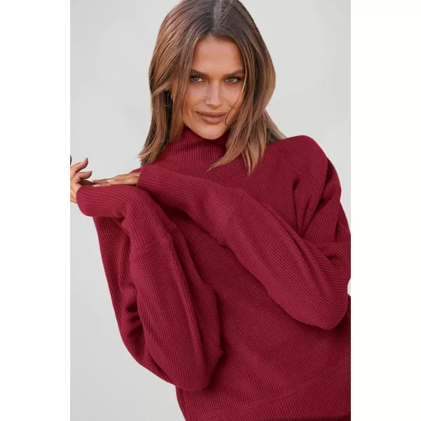 imagePRETTYGARDEN Womens 2023 Ribbed Knit Lounge Set 2 Piece Outfits Long Sleeve Tops and Shorts Fall Loungewear Sets with PocketsWine Red