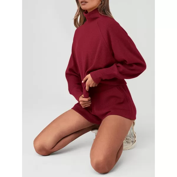imagePRETTYGARDEN Womens 2023 Ribbed Knit Lounge Set 2 Piece Outfits Long Sleeve Tops and Shorts Fall Loungewear Sets with PocketsWine Red