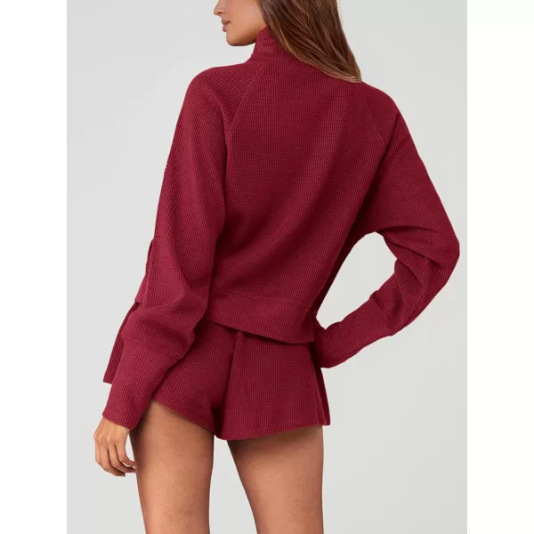 imagePRETTYGARDEN Womens 2023 Ribbed Knit Lounge Set 2 Piece Outfits Long Sleeve Tops and Shorts Fall Loungewear Sets with PocketsWine Red