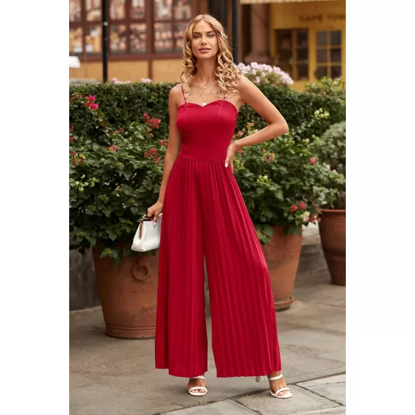 imagePRETTYGARDEN Womens 2023 Sleeveless Jumpsuit Elegant Sweetheart Neck Pleated Wide Leg Pants RompersRed