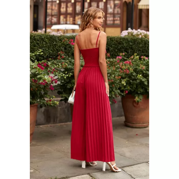 imagePRETTYGARDEN Womens 2023 Sleeveless Jumpsuit Elegant Sweetheart Neck Pleated Wide Leg Pants RompersRed