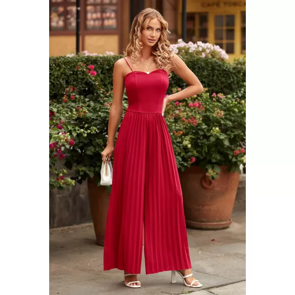 imagePRETTYGARDEN Womens 2023 Sleeveless Jumpsuit Elegant Sweetheart Neck Pleated Wide Leg Pants RompersRed