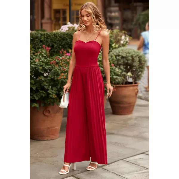 imagePRETTYGARDEN Womens 2023 Sleeveless Jumpsuit Elegant Sweetheart Neck Pleated Wide Leg Pants RompersRed