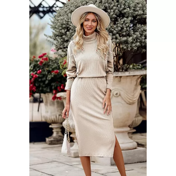 imagePRETTYGARDEN Womens 2023 Spring 2 Piece Tracksuit Winter Long Sleeve Turtleneck Ribbed Top And Midi Skirt Dress SetsApricot