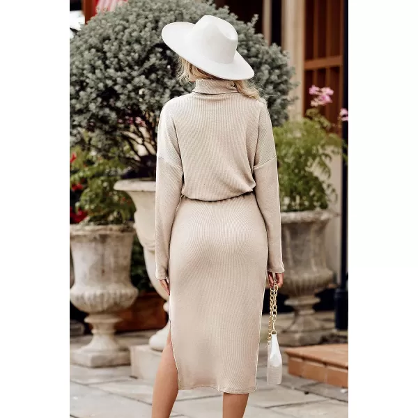 imagePRETTYGARDEN Womens 2023 Spring 2 Piece Tracksuit Winter Long Sleeve Turtleneck Ribbed Top And Midi Skirt Dress SetsApricot