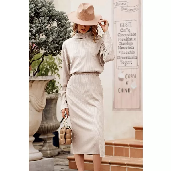imagePRETTYGARDEN Womens 2023 Spring 2 Piece Tracksuit Winter Long Sleeve Turtleneck Ribbed Top And Midi Skirt Dress SetsApricot