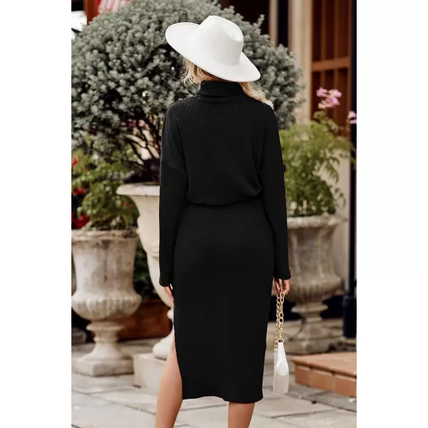 imagePRETTYGARDEN Womens 2023 Spring 2 Piece Tracksuit Winter Long Sleeve Turtleneck Ribbed Top And Midi Skirt Dress SetsBlack