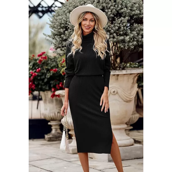 imagePRETTYGARDEN Womens 2023 Spring 2 Piece Tracksuit Winter Long Sleeve Turtleneck Ribbed Top And Midi Skirt Dress SetsBlack