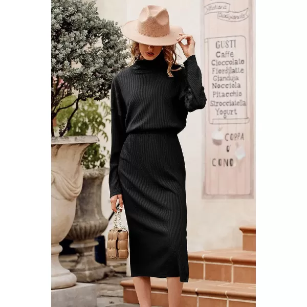imagePRETTYGARDEN Womens 2023 Spring 2 Piece Tracksuit Winter Long Sleeve Turtleneck Ribbed Top And Midi Skirt Dress SetsBlack