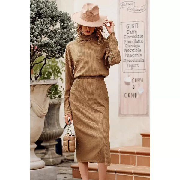 imagePRETTYGARDEN Womens 2023 Spring 2 Piece Tracksuit Winter Long Sleeve Turtleneck Ribbed Top And Midi Skirt Dress SetsBrown