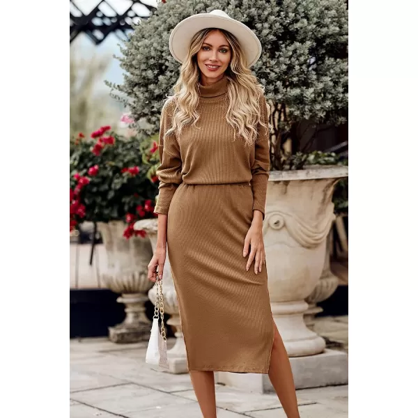imagePRETTYGARDEN Womens 2023 Spring 2 Piece Tracksuit Winter Long Sleeve Turtleneck Ribbed Top And Midi Skirt Dress SetsBrown