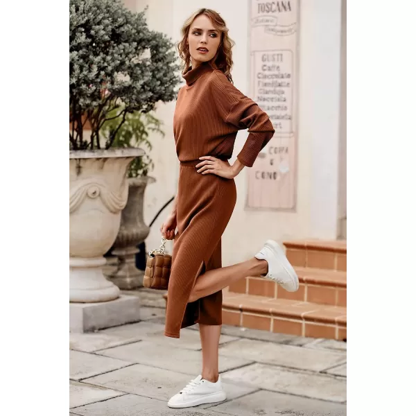 imagePRETTYGARDEN Womens 2023 Spring 2 Piece Tracksuit Winter Long Sleeve Turtleneck Ribbed Top And Midi Skirt Dress SetsCaramel