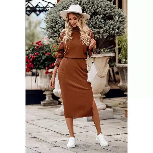 imagePRETTYGARDEN Womens 2023 Spring 2 Piece Tracksuit Winter Long Sleeve Turtleneck Ribbed Top And Midi Skirt Dress SetsCaramel
