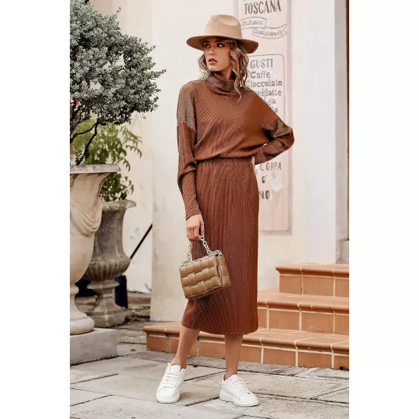 imagePRETTYGARDEN Womens 2023 Spring 2 Piece Tracksuit Winter Long Sleeve Turtleneck Ribbed Top And Midi Skirt Dress SetsCaramel