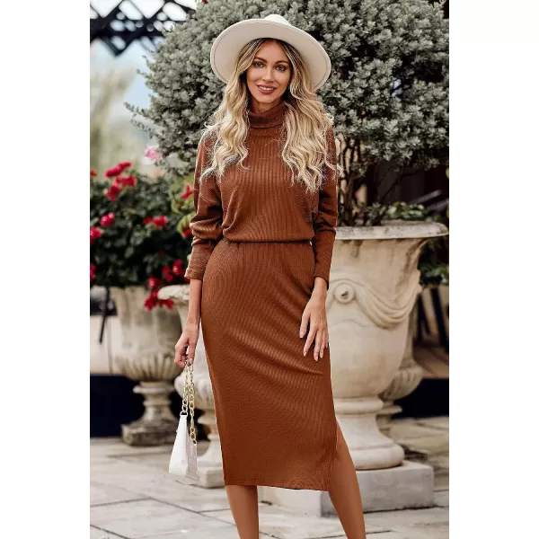 imagePRETTYGARDEN Womens 2023 Spring 2 Piece Tracksuit Winter Long Sleeve Turtleneck Ribbed Top And Midi Skirt Dress SetsCaramel