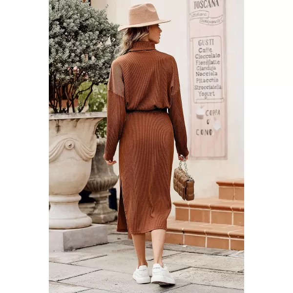 imagePRETTYGARDEN Womens 2023 Spring 2 Piece Tracksuit Winter Long Sleeve Turtleneck Ribbed Top And Midi Skirt Dress SetsCaramel