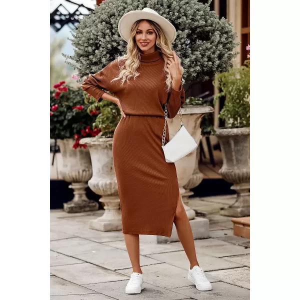 imagePRETTYGARDEN Womens 2023 Spring 2 Piece Tracksuit Winter Long Sleeve Turtleneck Ribbed Top And Midi Skirt Dress SetsCaramel