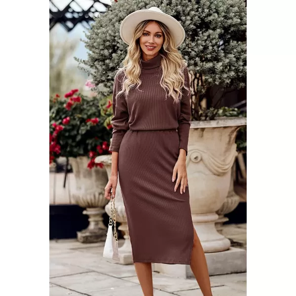 imagePRETTYGARDEN Womens 2023 Spring 2 Piece Tracksuit Winter Long Sleeve Turtleneck Ribbed Top And Midi Skirt Dress SetsCoffee