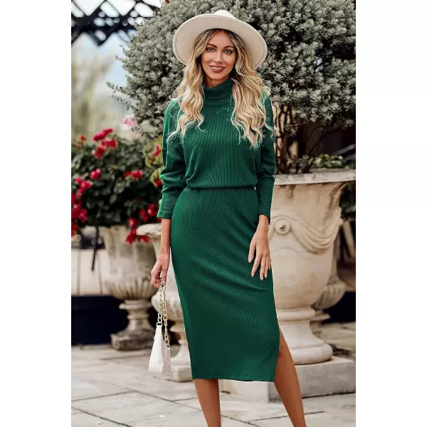 imagePRETTYGARDEN Womens 2023 Spring 2 Piece Tracksuit Winter Long Sleeve Turtleneck Ribbed Top And Midi Skirt Dress SetsDark Army Green
