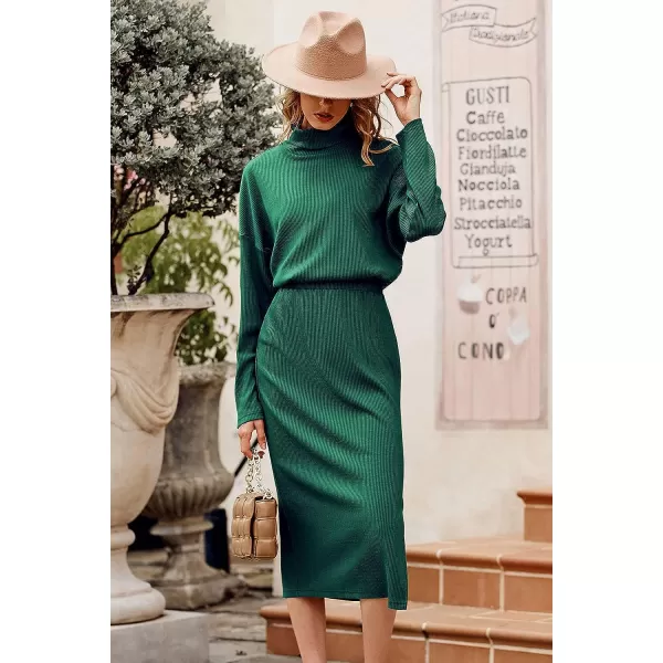 imagePRETTYGARDEN Womens 2023 Spring 2 Piece Tracksuit Winter Long Sleeve Turtleneck Ribbed Top And Midi Skirt Dress SetsDark Army Green