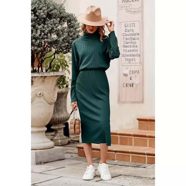 imagePRETTYGARDEN Womens 2023 Spring 2 Piece Tracksuit Winter Long Sleeve Turtleneck Ribbed Top And Midi Skirt Dress SetsDark Green