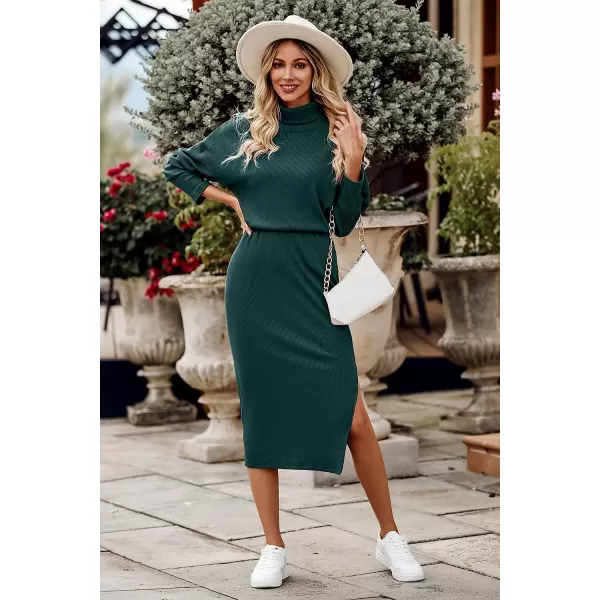 imagePRETTYGARDEN Womens 2023 Spring 2 Piece Tracksuit Winter Long Sleeve Turtleneck Ribbed Top And Midi Skirt Dress SetsDark Green