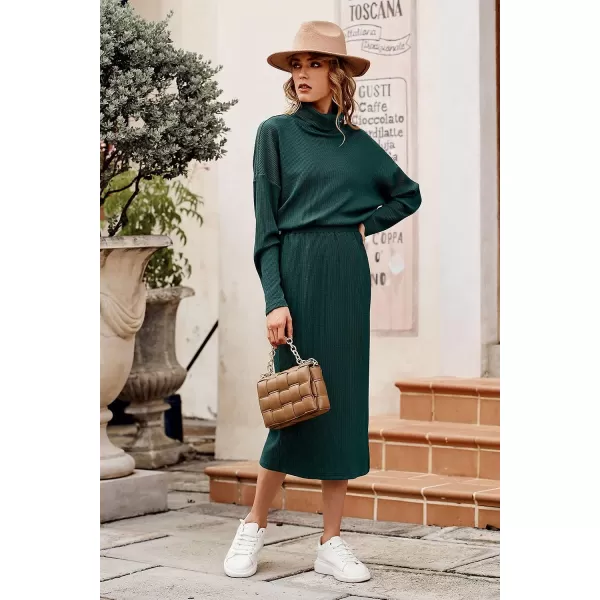 imagePRETTYGARDEN Womens 2023 Spring 2 Piece Tracksuit Winter Long Sleeve Turtleneck Ribbed Top And Midi Skirt Dress SetsDark Green