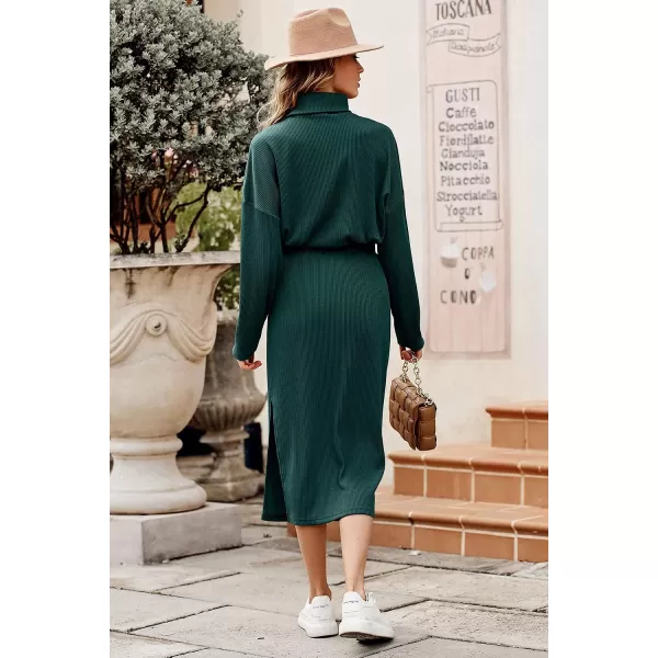 imagePRETTYGARDEN Womens 2023 Spring 2 Piece Tracksuit Winter Long Sleeve Turtleneck Ribbed Top And Midi Skirt Dress SetsDark Green