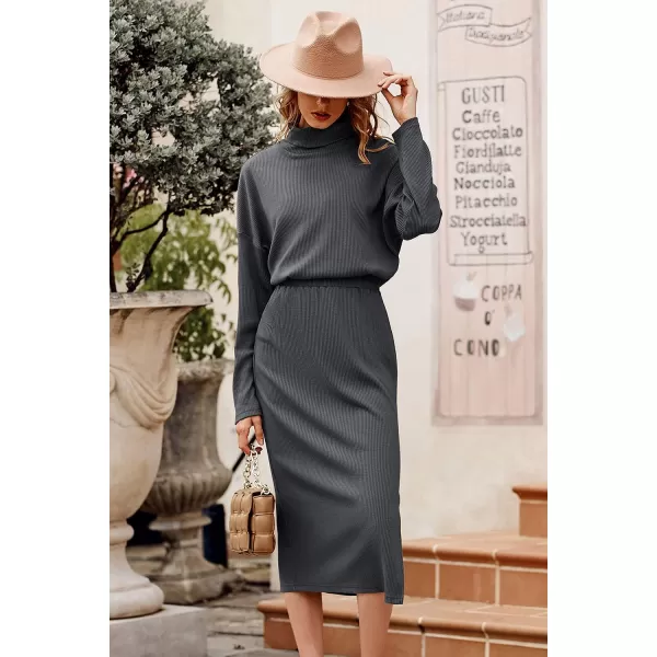 imagePRETTYGARDEN Womens 2023 Spring 2 Piece Tracksuit Winter Long Sleeve Turtleneck Ribbed Top And Midi Skirt Dress SetsDark Grey
