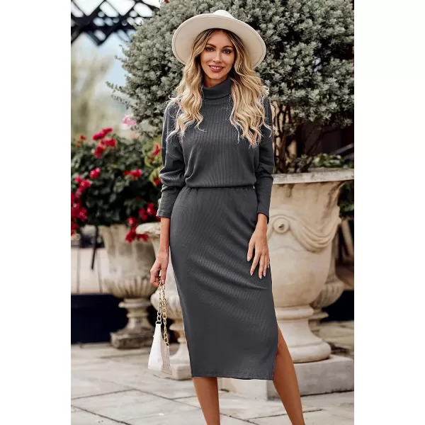 imagePRETTYGARDEN Womens 2023 Spring 2 Piece Tracksuit Winter Long Sleeve Turtleneck Ribbed Top And Midi Skirt Dress SetsDark Grey