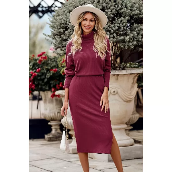 imagePRETTYGARDEN Womens 2023 Spring 2 Piece Tracksuit Winter Long Sleeve Turtleneck Ribbed Top And Midi Skirt Dress SetsDark Wine Red