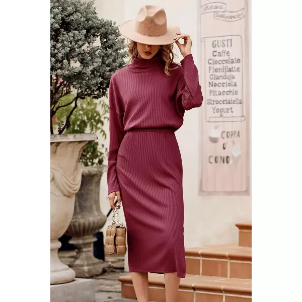 imagePRETTYGARDEN Womens 2023 Spring 2 Piece Tracksuit Winter Long Sleeve Turtleneck Ribbed Top And Midi Skirt Dress SetsDark Wine Red