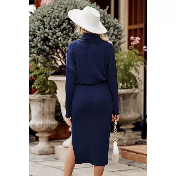 imagePRETTYGARDEN Womens 2023 Spring 2 Piece Tracksuit Winter Long Sleeve Turtleneck Ribbed Top And Midi Skirt Dress SetsNavy