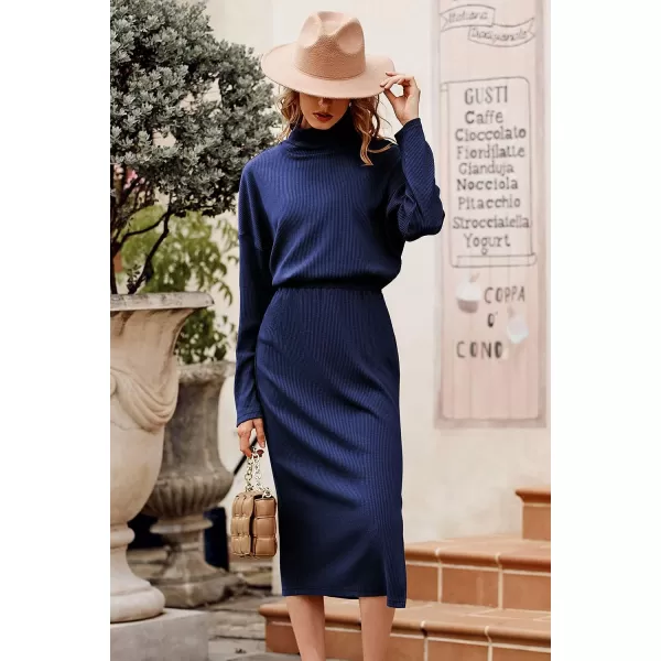 imagePRETTYGARDEN Womens 2023 Spring 2 Piece Tracksuit Winter Long Sleeve Turtleneck Ribbed Top And Midi Skirt Dress SetsNavy