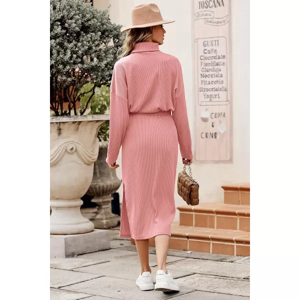 imagePRETTYGARDEN Womens 2023 Spring 2 Piece Tracksuit Winter Long Sleeve Turtleneck Ribbed Top And Midi Skirt Dress SetsPink