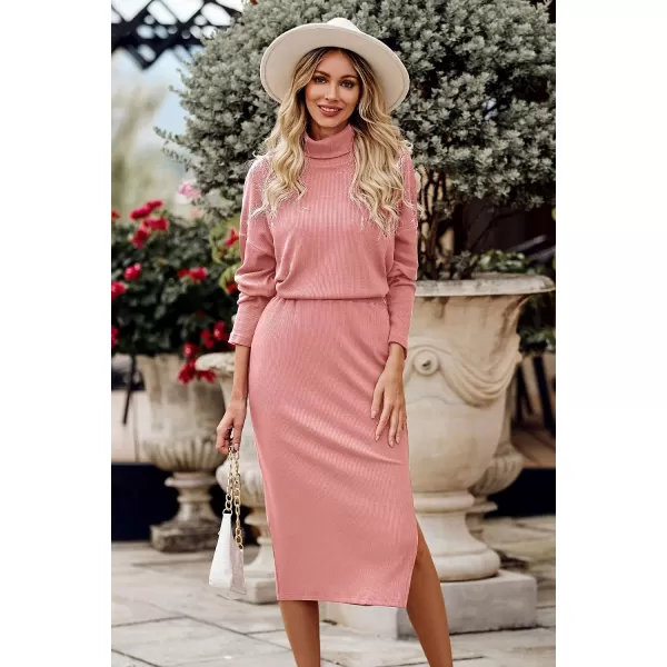 imagePRETTYGARDEN Womens 2023 Spring 2 Piece Tracksuit Winter Long Sleeve Turtleneck Ribbed Top And Midi Skirt Dress SetsPink