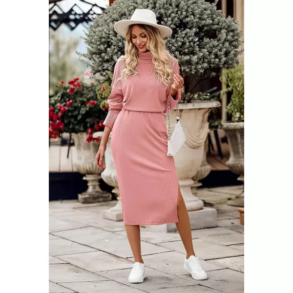 imagePRETTYGARDEN Womens 2023 Spring 2 Piece Tracksuit Winter Long Sleeve Turtleneck Ribbed Top And Midi Skirt Dress SetsPink