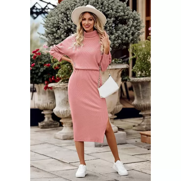 imagePRETTYGARDEN Womens 2023 Spring 2 Piece Tracksuit Winter Long Sleeve Turtleneck Ribbed Top And Midi Skirt Dress SetsPink