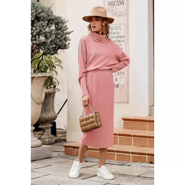 imagePRETTYGARDEN Womens 2023 Spring 2 Piece Tracksuit Winter Long Sleeve Turtleneck Ribbed Top And Midi Skirt Dress SetsPink