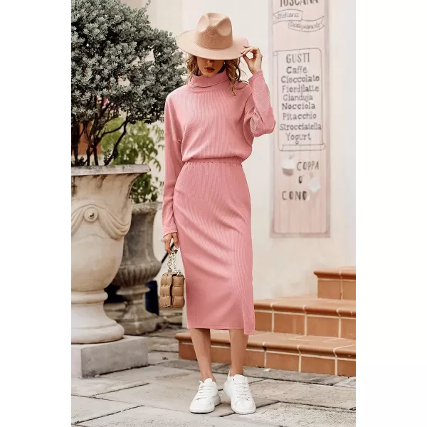 imagePRETTYGARDEN Womens 2023 Spring 2 Piece Tracksuit Winter Long Sleeve Turtleneck Ribbed Top And Midi Skirt Dress SetsPink