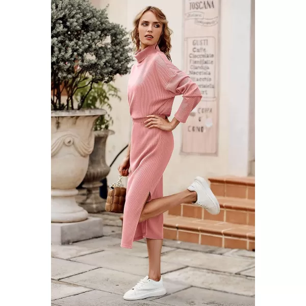 imagePRETTYGARDEN Womens 2023 Spring 2 Piece Tracksuit Winter Long Sleeve Turtleneck Ribbed Top And Midi Skirt Dress SetsPink