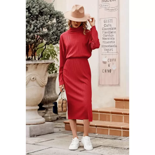 imagePRETTYGARDEN Womens 2023 Spring 2 Piece Tracksuit Winter Long Sleeve Turtleneck Ribbed Top And Midi Skirt Dress SetsRed